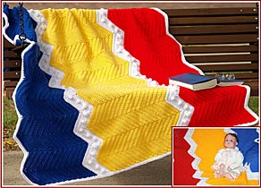 Connors Crayons Afghan is cozy comfort in bright primary colors. Pattern includes instructions for afghan in three sizes.